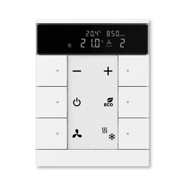 Prvek ovl&aacute;dac&iacute; 6n&aacute;sobn&yacute; kombinovan&yacute;, s ovl&aacute;d&aacute;n&iacute;m HVAC, sn&iacute;mačem CO₂ / vlhkosti, ABB-Tenton&reg;, zapu&scaron;těn&yacute;