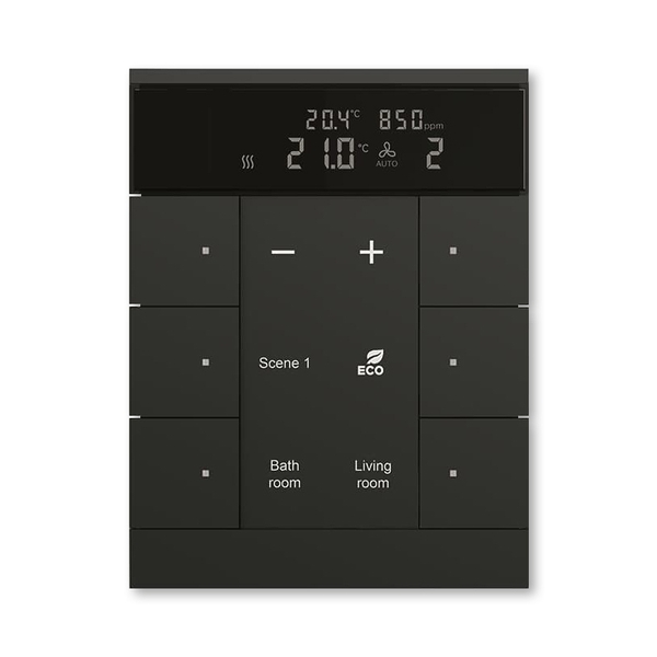 Prvek ovl&aacute;dac&iacute; 6n&aacute;sobn&yacute; kombinovan&yacute;, s ovl&aacute;d&aacute;n&iacute;m HVAC, sn&iacute;mačem CO₂ / vlhkosti, ABB-Tenton&reg;, zapu&scaron;těn&yacute;