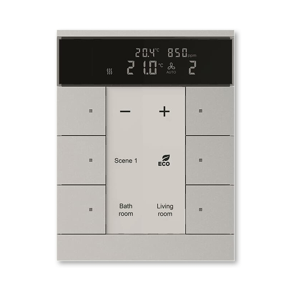 Prvek ovl&aacute;dac&iacute; 6n&aacute;sobn&yacute; kombinovan&yacute;, s ovl&aacute;d&aacute;n&iacute;m HVAC, sn&iacute;mačem CO₂ / vlhkosti, ABB-Tenton&reg;, zapu&scaron;těn&yacute;